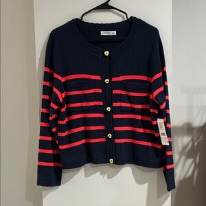 89th & Madison NWT Navy and Coral Red Striped Cardigan with Gold Buttons Large